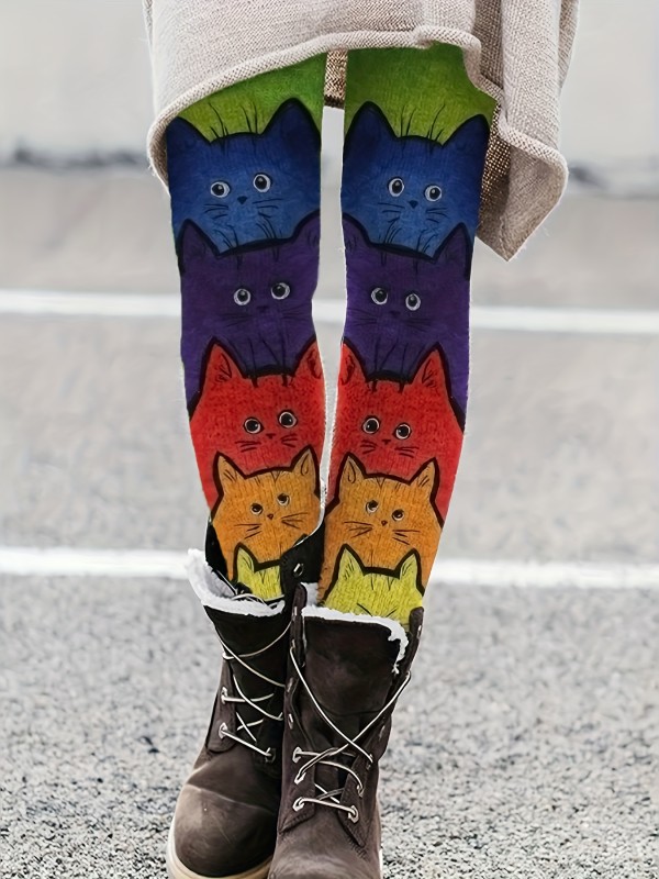 Cute Cat Print Skinny Leggings, Casual Elastic Waist Leggings For Spring & Fall, Women's Clothing