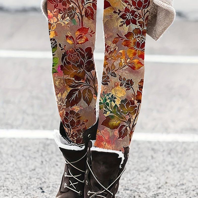 Floral Print High Waist Leggings, Vintage Skinny Stretchy Leggings, Women's Clothing