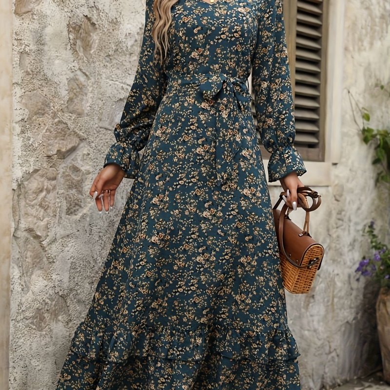 Floral Print V Neck Belted Dress, Elegant Tiered Ruffle Hem Long Sleeve Maxi Dress, Women's Clothing