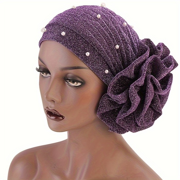 Fashionable Pleated Turban, Faux Pearl Flower Decor Breathable Head Wrap For Women, Solid Color Elegant Head Scarf For Daily Life