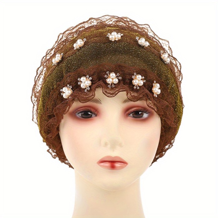 Faux Pearl Decor Turban Hat Elegant Lace Ruffle Beanies Elastic Head Wraps Lightweight Chemo Cap For Women Girls