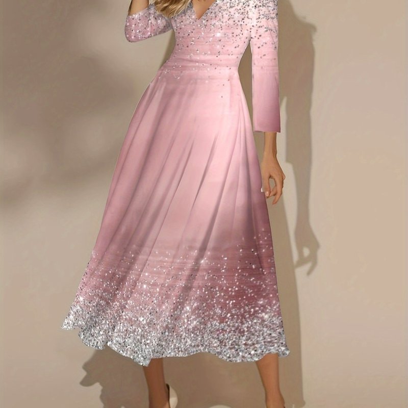 V Neck A-line Dress, Elegant Long Sleeve Dress For Spring & Fall, Women's Clothing