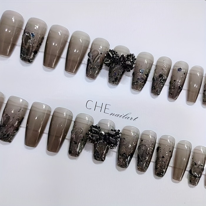 24pcs Gothic Style Press On Nails, Translucent Black Fake Nails With Rhinestone Bow Decor, Long Coffin Shape Sparkle False Nails For Women Girls