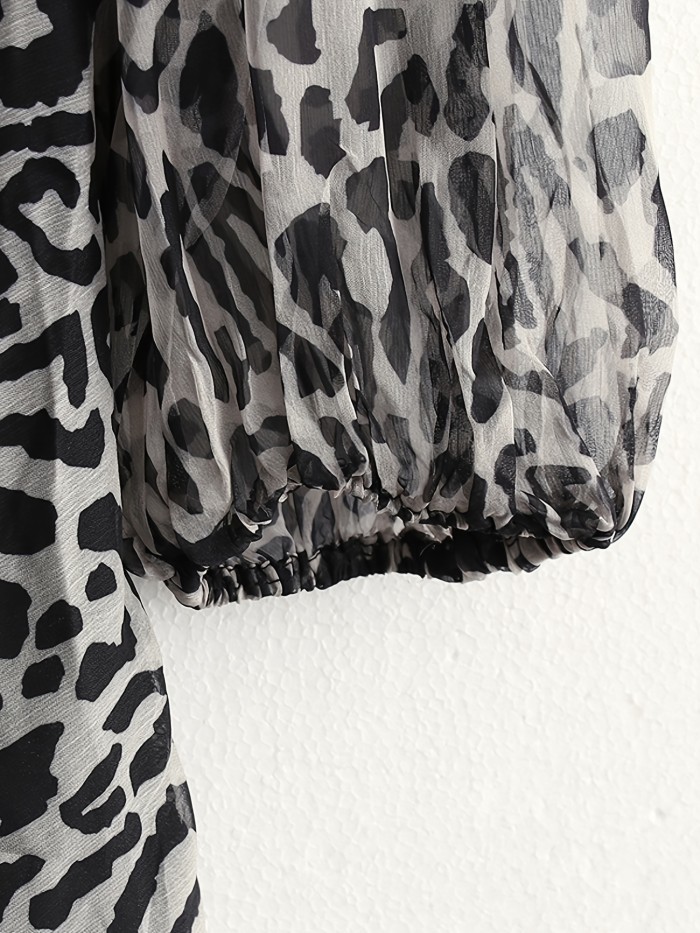 Leopard Print V Neck Elegant Dress, Sexy Long Sleeve Dress For Fall & Spring, Women's Clothing