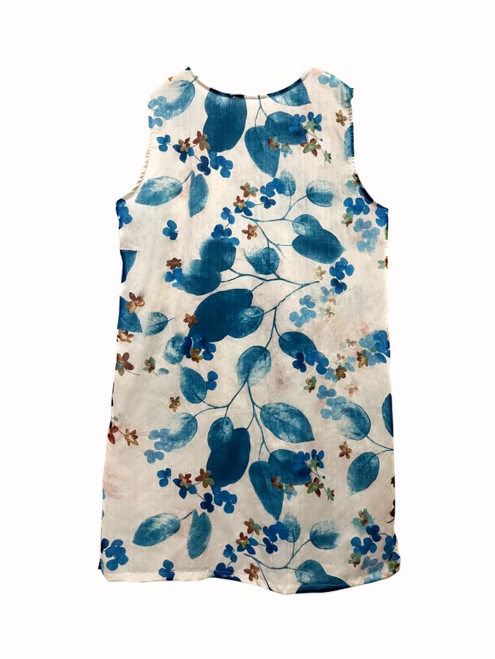 Vintage Floral Print Dress, Crew Neck Sleeveless Dress For Spring & Summer, Women's Clothing