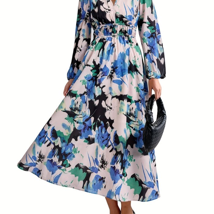 Allover Print A-line Dress, Casual V Neck Long Sleeve Dress For Spring & Fall, Women's Clothing