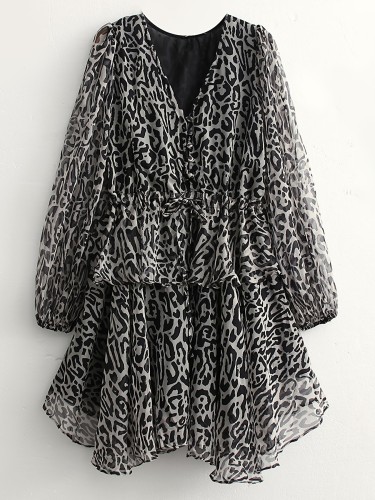 Leopard Print V Neck Elegant Dress, Sexy Long Sleeve Dress For Fall & Spring, Women's Clothing