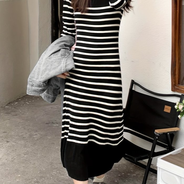 Stripe Print Long Sleeve Knit Dress, Casual Crew Neck Mid Calf Dress, Women's Clothing