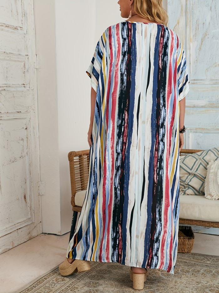 Plus Size Boho Cover Up, Women's Striped Print Patch Pocket Short Sleeve Loose Fit Maxi Beach Kaftan Dress