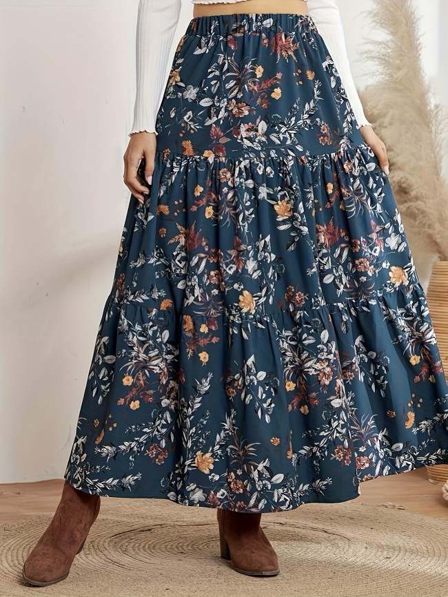 Floral Print Elastic Waist Skirt, Casual Ruffle Hem Maxi Skirt, Women's Clothing