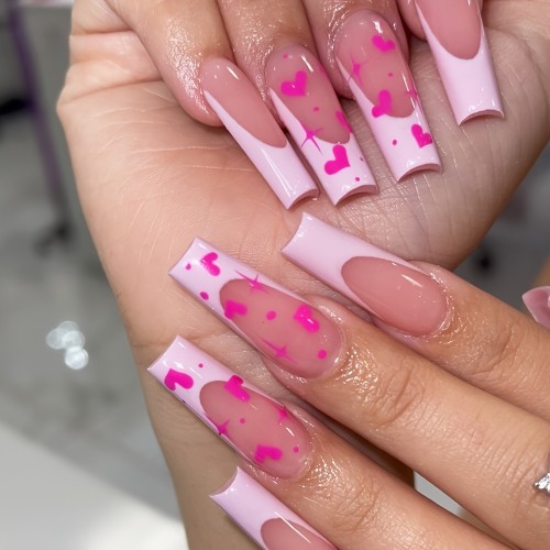 Valentine's Day Pinkish French Press On Nails, Fake Nails With Star, Heart Design, Long Ballet Shape Sweet False Nails For Women Girls