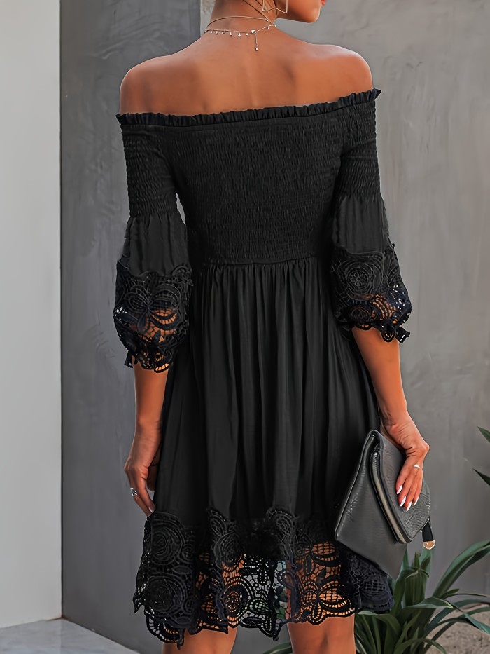 Solid Off Shoulder Shirred Dress, Elegant 3\u002F4 Sleeve Lace Hem Dress, Women's Clothing