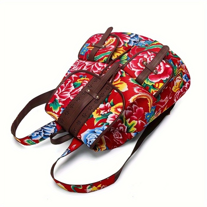 Chinese Style Flap Backpack, Floral Pattern Drawstring Daypack, Retro Multi Pocket Travel Schoolbag