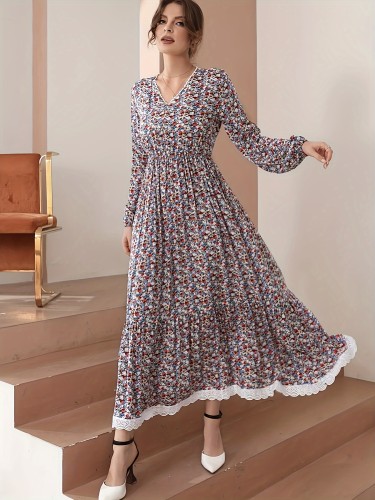 Allover Print Lace Trim Dress, Elegant V Neck Long Sleeve Dress Spring & Fall, Women's Clothing