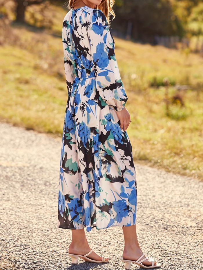 Allover Print A-line Dress, Casual V Neck Long Sleeve Dress For Spring & Fall, Women's Clothing