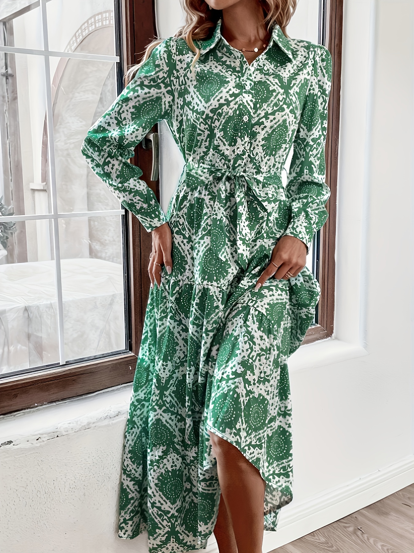 Printed Button Up Tie Waist Dress