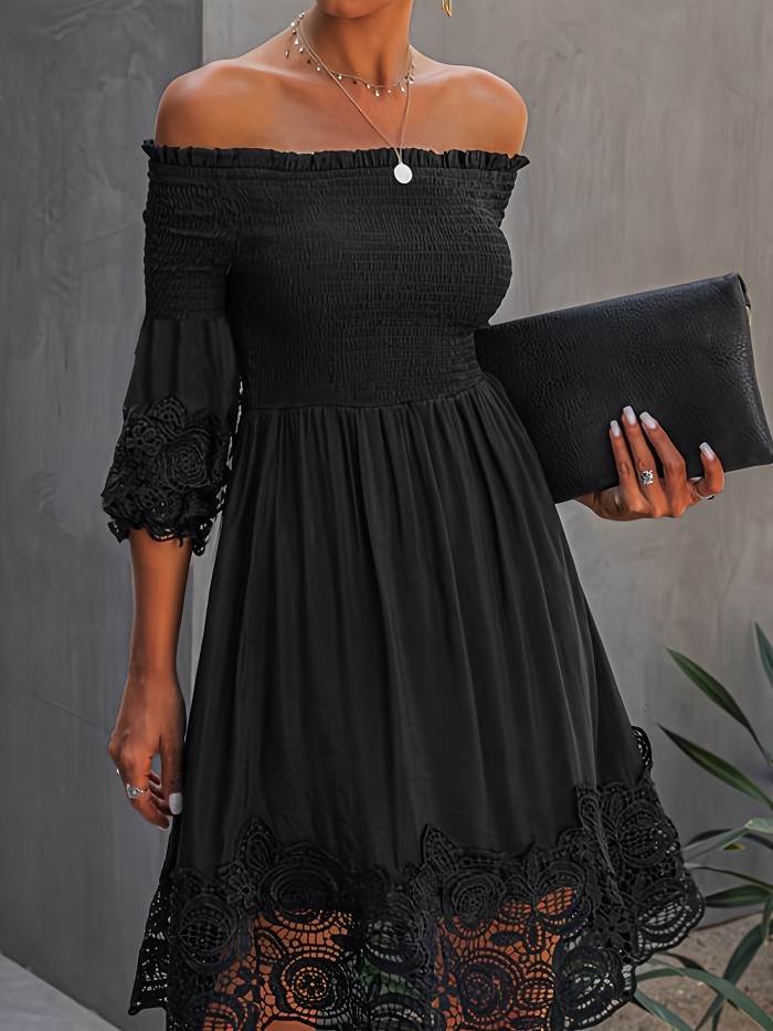 Solid Off Shoulder Shirred Dress, Elegant 3\u002F4 Sleeve Lace Hem Dress, Women's Clothing