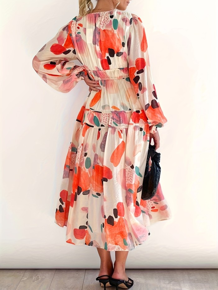 Boho Allover Print Dress, Elegant V Neck Long Sleeve Dress For Spring & Fall, Women's Clothing