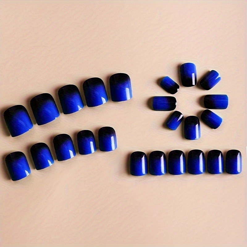 24pcs Glossy Blue-black Gradient Press On Nails, Short Square Shape Sweet Cool Fake Nails For Women Girls