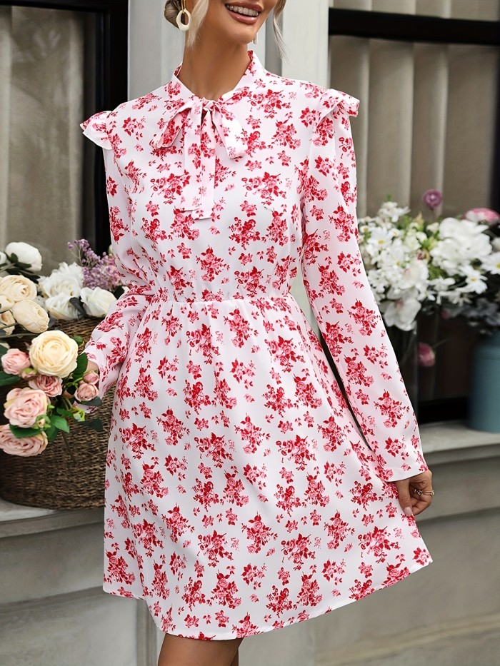 Floral Print Tie Front Dress, Elegant Long Sleeve Ruffle Trim Dress For Spring & Fall, Women's Clothing