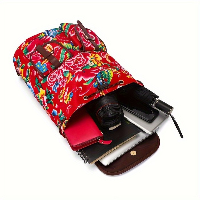 Chinese Style Flap Backpack, Floral Pattern Drawstring Daypack, Retro Multi Pocket Travel Schoolbag