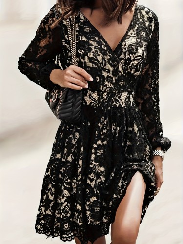 Contrast Lace V Neck Dress, Elegant Long Sleeve Dress For Spring & Fall, Women's Clothing