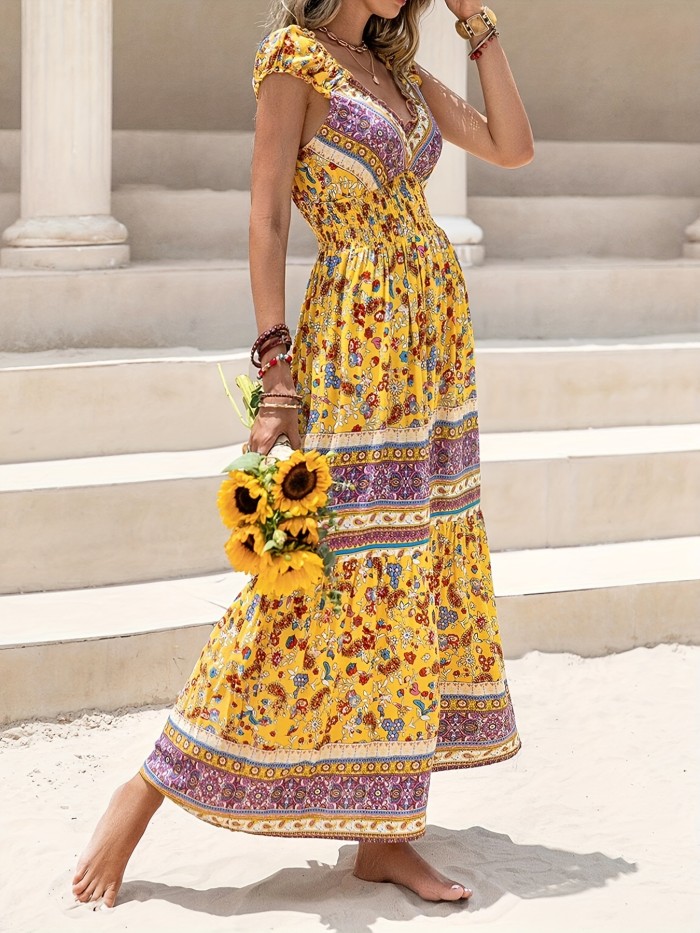 Boho Allover Print Shirred Waist Dress, Elegant Dress For Spring & Summer, Women's Clothing