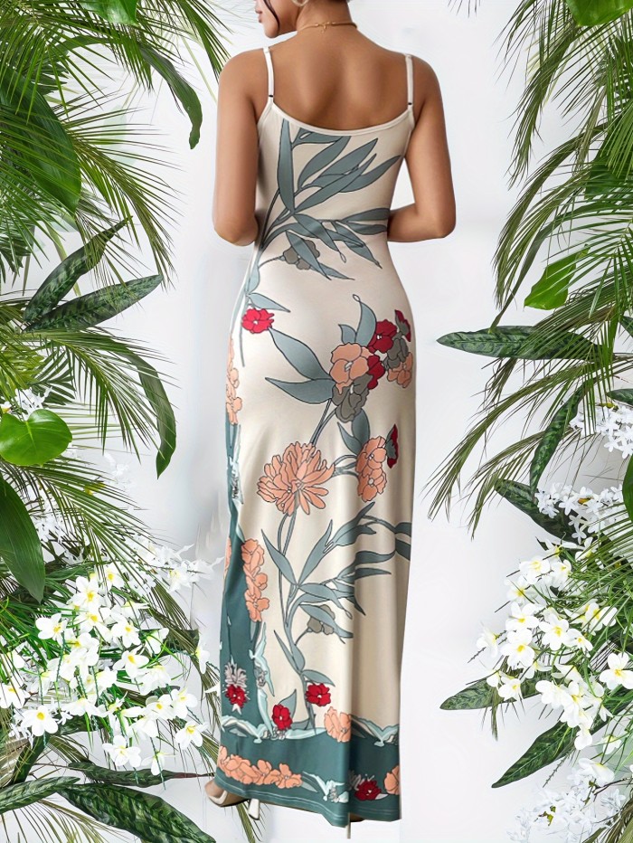 Floral Print Spaghetti Strap Dress, Elegant Sleeveless Maxi Length Slim Dress, Women's Clothing