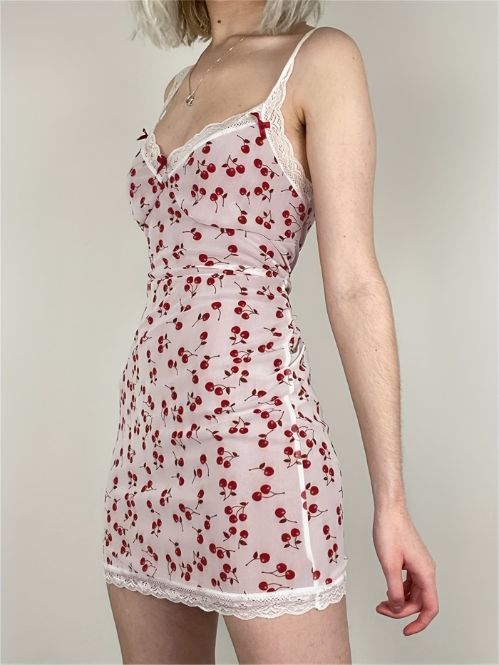 Cherry Print V Neck Cami Dress, Contrast Lace Sleeveless Lace Strap Ress, Women's Clothing