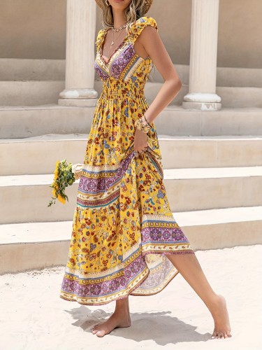 Boho Allover Print Shirred Waist Dress, Elegant Dress For Spring & Summer, Women's Clothing