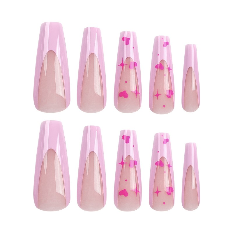 Valentine's Day Pinkish French Press On Nails, Fake Nails With Star, Heart Design, Long Ballet Shape Sweet False Nails For Women Girls