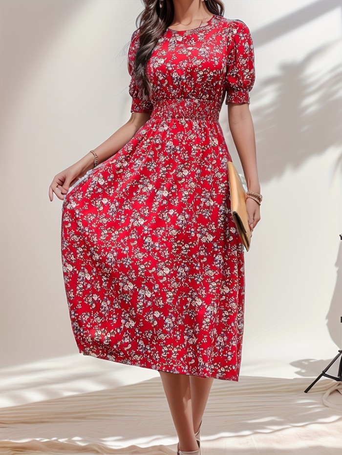 Floral Print Crew Neck Dress, Elegant Short Sleeve Waist Slimming A-line Dress For Spring, Women's Clothing