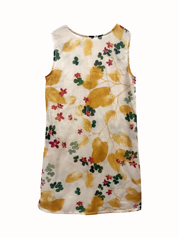 Vintage Floral Print Dress, Crew Neck Sleeveless Dress For Spring & Summer, Women's Clothing
