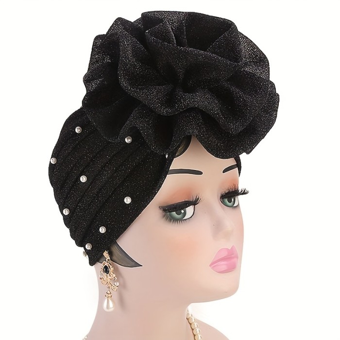 Fashionable Pleated Turban, Faux Pearl Flower Decor Breathable Head Wrap For Women, Solid Color Elegant Head Scarf For Daily Life