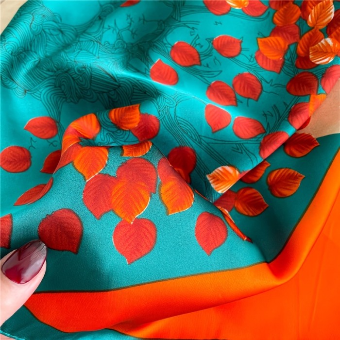 Fashion Satin Print Square Scarf Women Retro Colorful Leaves Warm Scarf Shawl