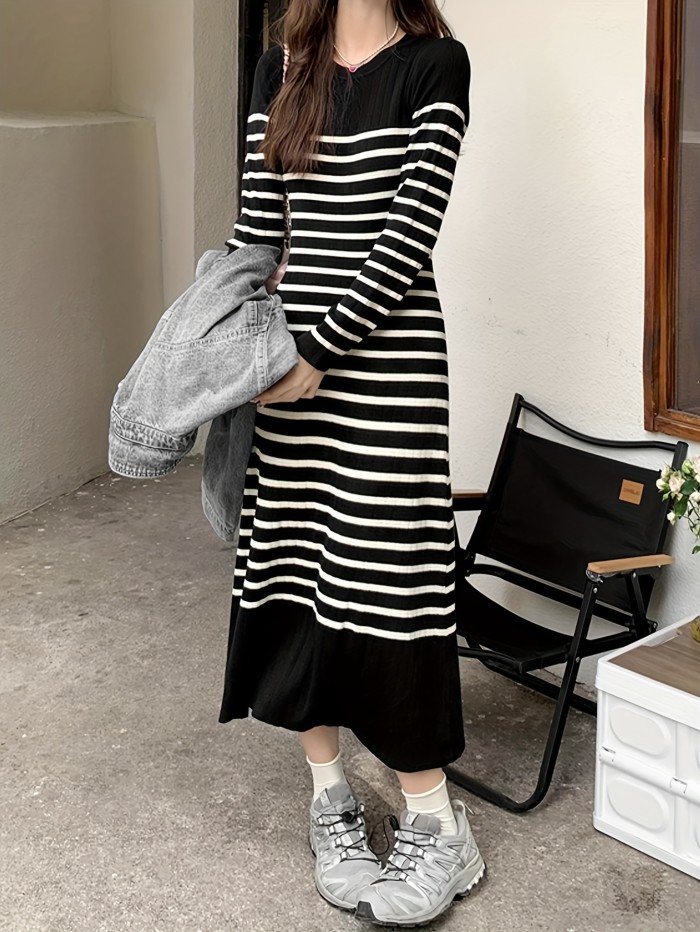 Stripe Print Long Sleeve Knit Dress, Casual Crew Neck Mid Calf Dress, Women's Clothing