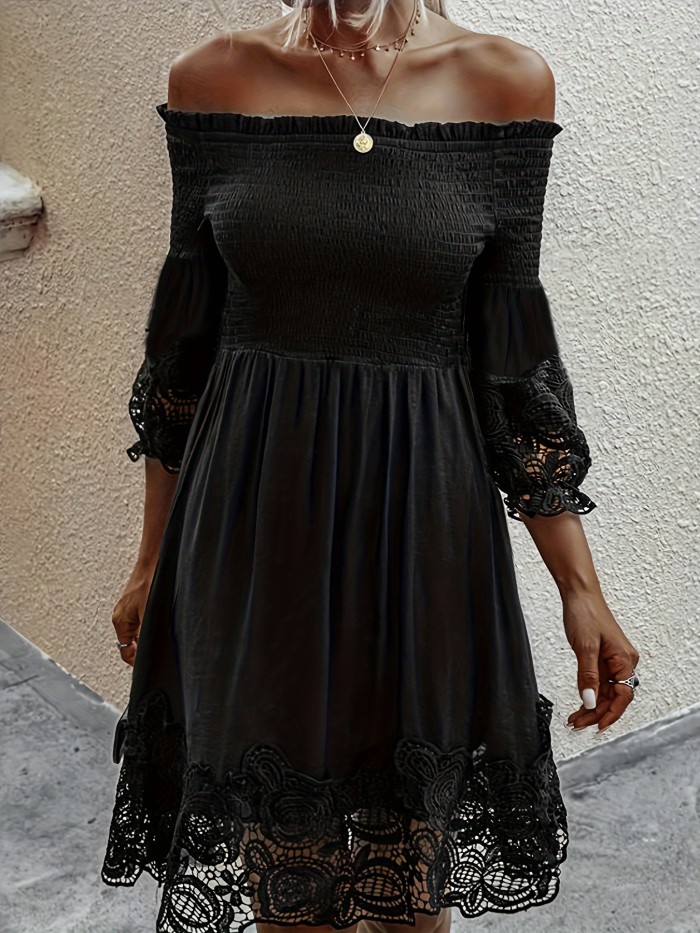 Solid Off Shoulder Shirred Dress, Elegant 3\u002F4 Sleeve Lace Hem Dress, Women's Clothing