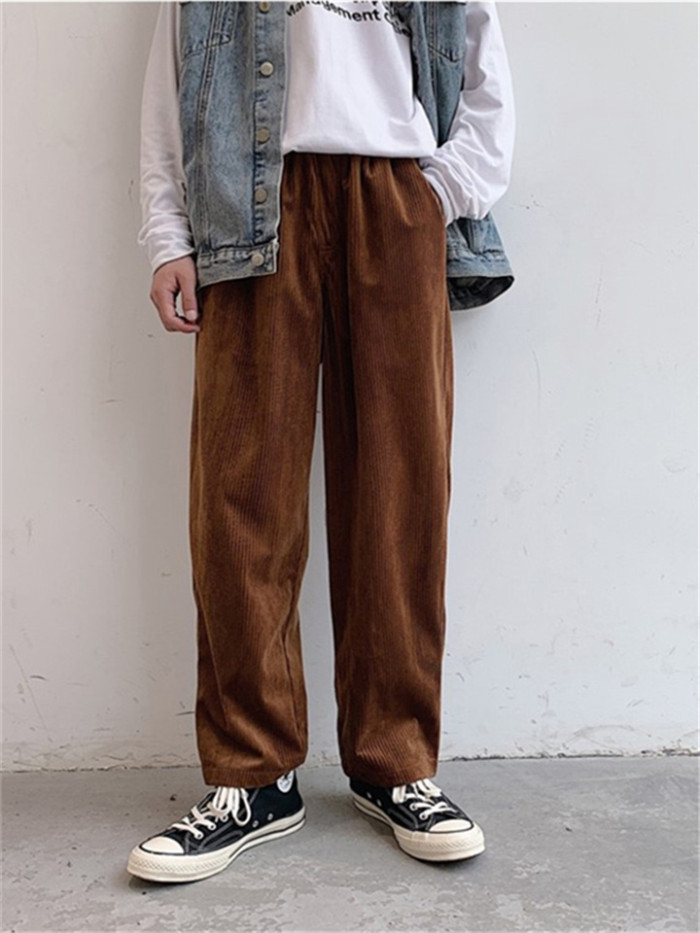 Men's Corduroy Pants Winter Pants Casual Pants Pocket Wide Leg Straight Leg Solid Color Warm Casual Daily Corduroy Stylish Trousers Loose Fit Coffee Black