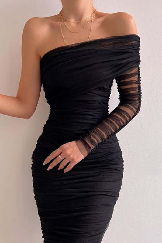 Sexy Formal Solid Patchwork Oblique Collar Evening Dress
