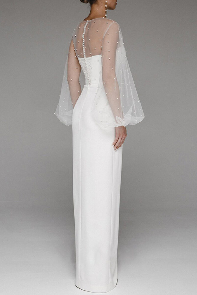 Elegant Solid Slit Beading Mesh Strapless Evening Dress