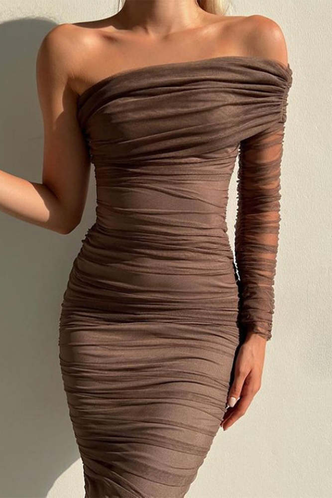 Sexy Formal Solid Patchwork Oblique Collar Evening Dress