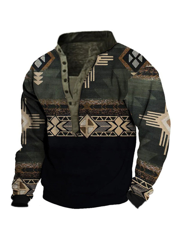 Men's Ethnic Print Henley Collar Sweatshirt