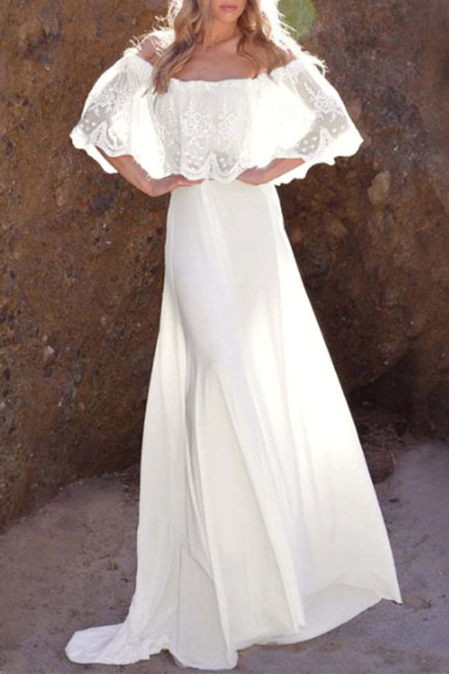 Elegant Formal Solid Lace Off the Shoulder Evening Dress