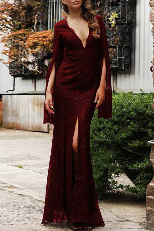 Sexy Formal Solid Lace Zipper V Neck Evening Dress