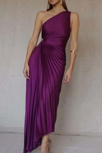 Elegant Solid Patchwork Fold Asymmetrical Oblique Collar Evening Dress