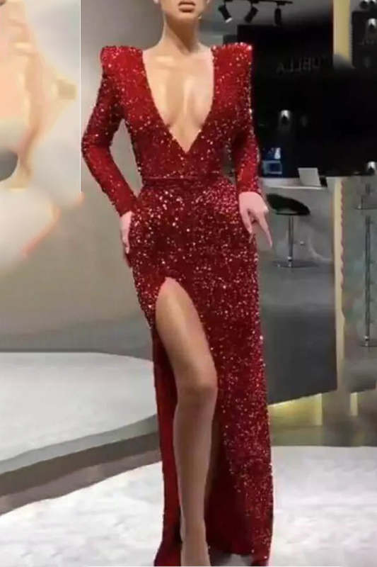 Sexy Formal Solid Sequined V Neck Evening Dress