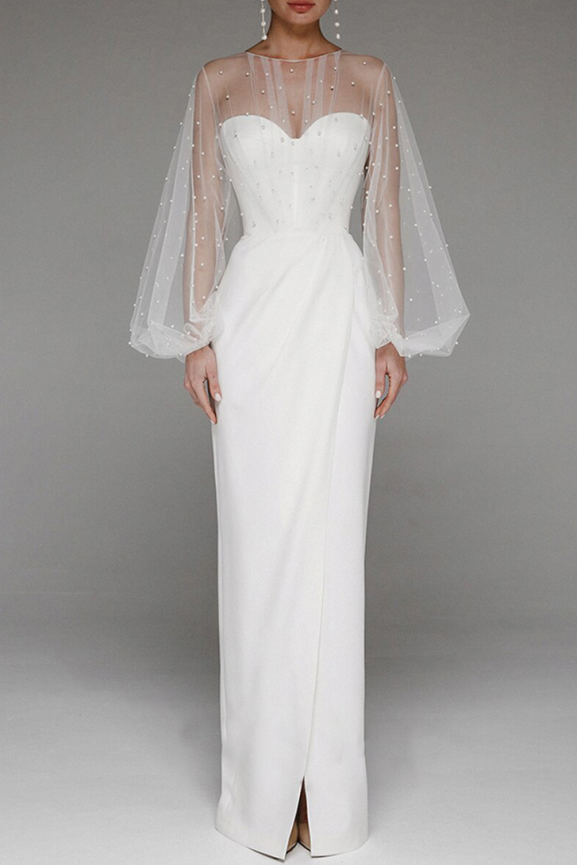 Elegant Solid Slit Beading Mesh Strapless Evening Dress