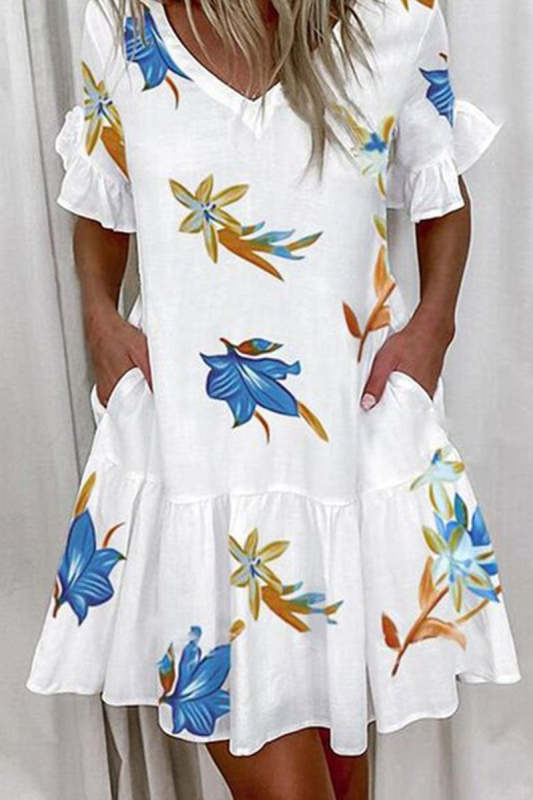 Casual Print V Neck A Line Mini Dresses(7 Colors)