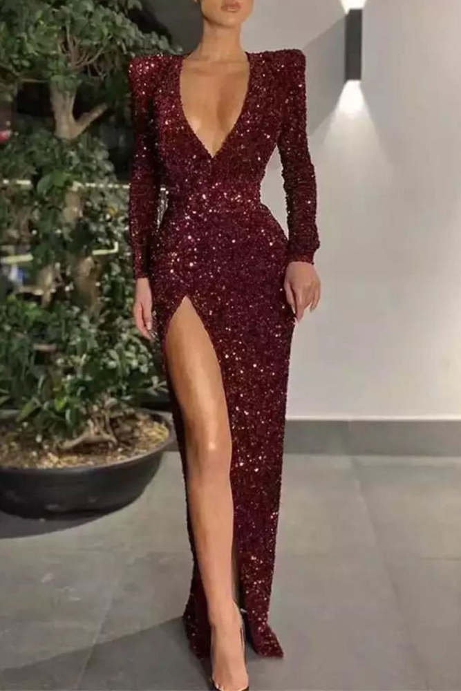 Sexy Formal Solid Sequined V Neck Evening Dress