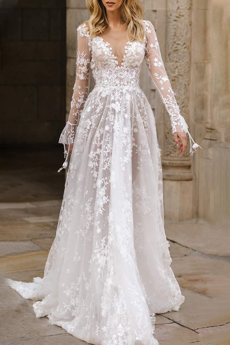 Elegant Formal Solid Lace Flounce Slit V Neck Evening Dresses